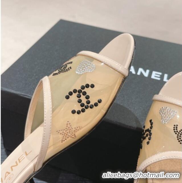 Hot Style Chanel PVC Heel Slide Sandals 3.5cm with Crystals Logo Beige 423077