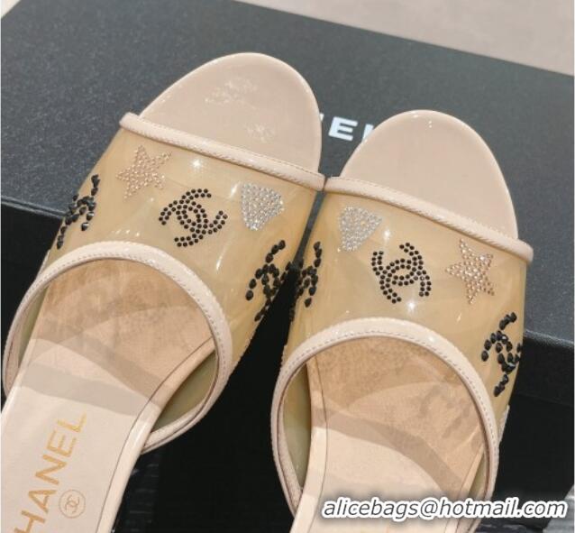 Hot Style Chanel PVC Heel Slide Sandals 3.5cm with Crystals Logo Beige 423077