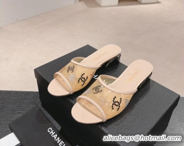 Hot Style Chanel PVC Heel Slide Sandals 3.5cm with Crystals Logo Beige 423077