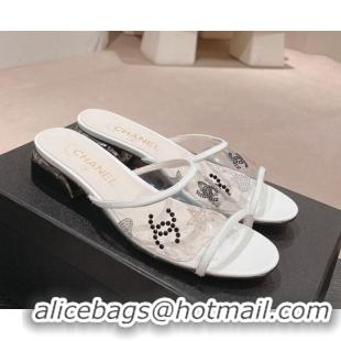 Good Quality Chanel PVC Heel Slide Sandals 3.5cm with Crystals Logo White 423078