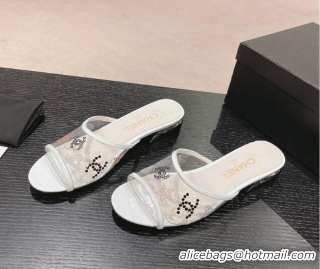 Good Quality Chanel PVC Heel Slide Sandals 3.5cm with Crystals Logo White 423078