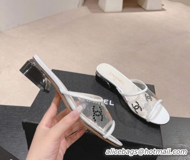 Good Quality Chanel PVC Heel Slide Sandals 3.5cm with Crystals Logo White 423078