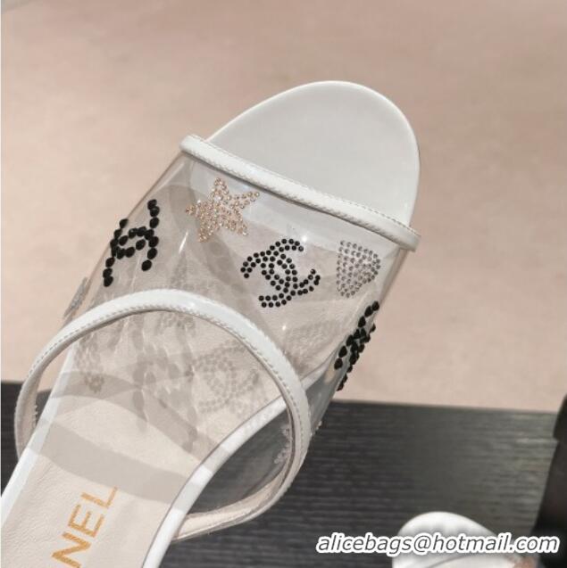 Good Quality Chanel PVC Heel Slide Sandals 3.5cm with Crystals Logo White 423078