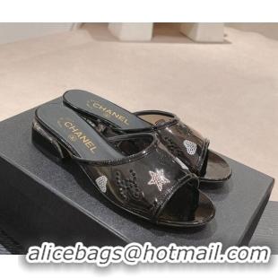 Big Discount Chanel PVC Heel Slide Sandals 3.5cm with Crystals Logo Black 423079