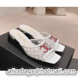 Charming Chanel PVC Heel Slide Sandals 3.5cm with Red CC and Crystals White 423080