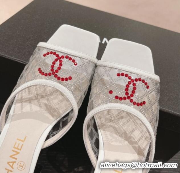 Charming Chanel PVC Heel Slide Sandals 3.5cm with Red CC and Crystals White 423080