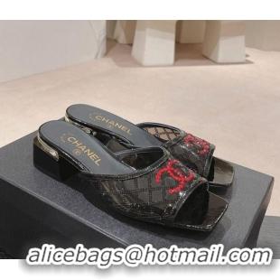 Duplicate Chanel PVC Heel Slide Sandals 3.5cm with Red CC and Crystals Black 0423081