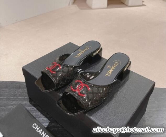 Duplicate Chanel PVC Heel Slide Sandals 3.5cm with Red CC and Crystals Black 0423081