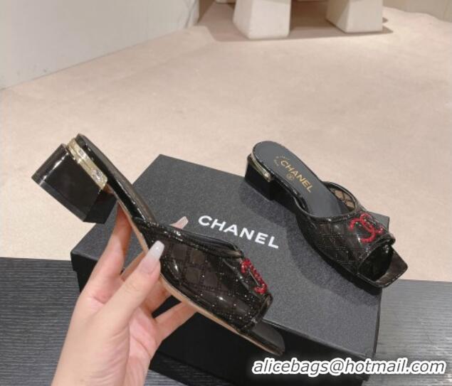 Duplicate Chanel PVC Heel Slide Sandals 3.5cm with Red CC and Crystals Black 0423081