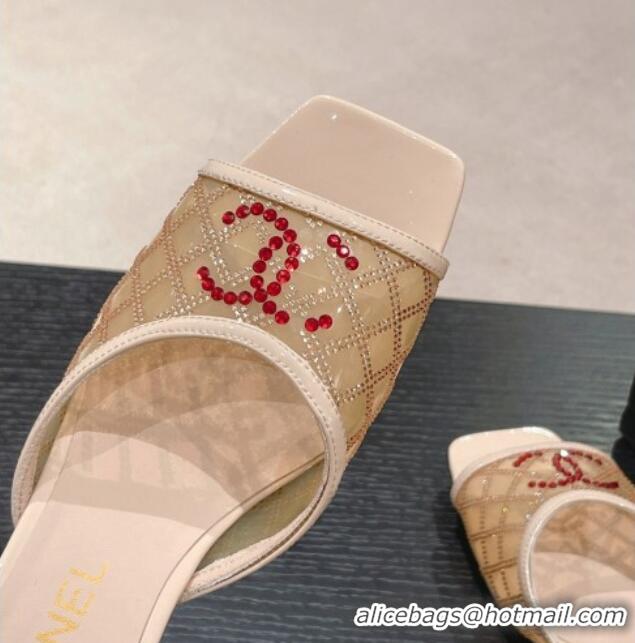 Trendy Design Chanel PVC Heel Slide Sandals 3.5cm with Red CC and Crystals Beige 423082