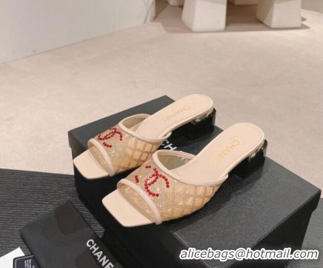 Trendy Design Chanel PVC Heel Slide Sandals 3.5cm with Red CC and Crystals Beige 423082