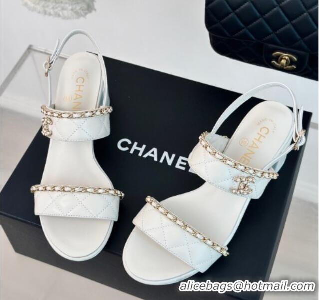 Purchase Chanel Quilted Lambskin Strap Heel Sandals 5cm with Chain White 0423083