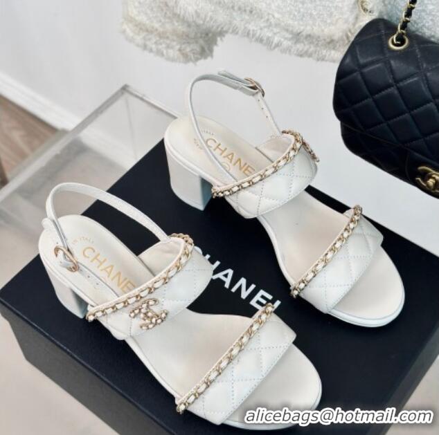 Purchase Chanel Quilted Lambskin Strap Heel Sandals 5cm with Chain White 0423083