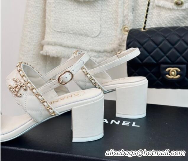 Purchase Chanel Quilted Lambskin Strap Heel Sandals 5cm with Chain White 0423083