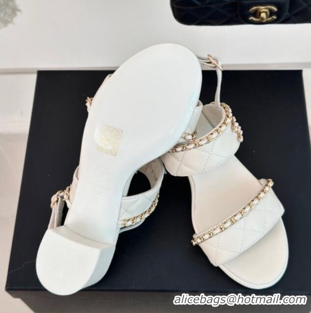 Purchase Chanel Quilted Lambskin Strap Heel Sandals 5cm with Chain White 0423083