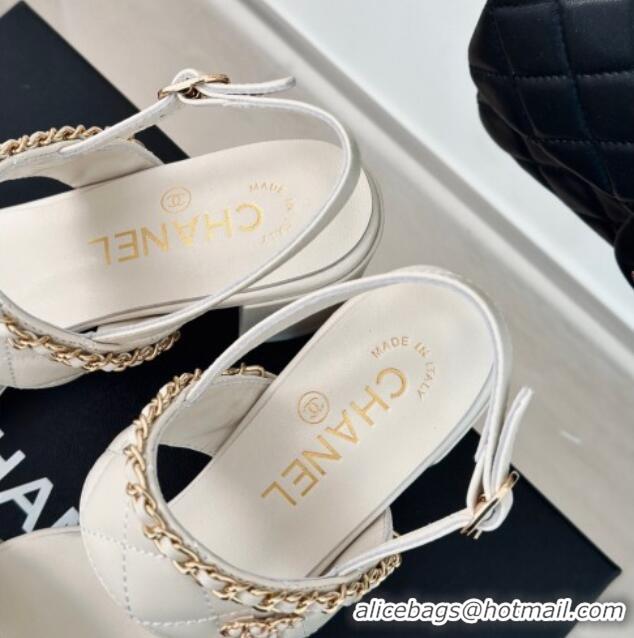 Purchase Chanel Quilted Lambskin Strap Heel Sandals 5cm with Chain White 0423083