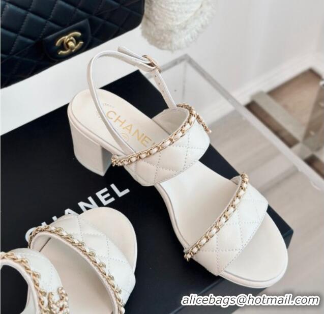 Purchase Chanel Quilted Lambskin Strap Heel Sandals 5cm with Chain White 0423083