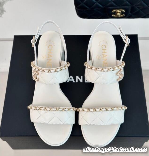 Purchase Chanel Quilted Lambskin Strap Heel Sandals 5cm with Chain White 0423083