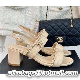 Stylish Chanel Quilted Lambskin Strap Heel Sandals 5cm with Chain Beige 423084