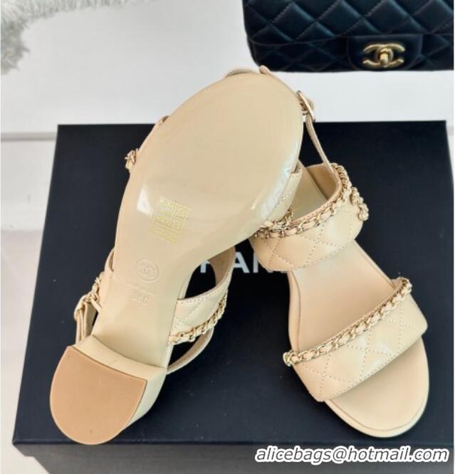 Stylish Chanel Quilted Lambskin Strap Heel Sandals 5cm with Chain Beige 423084