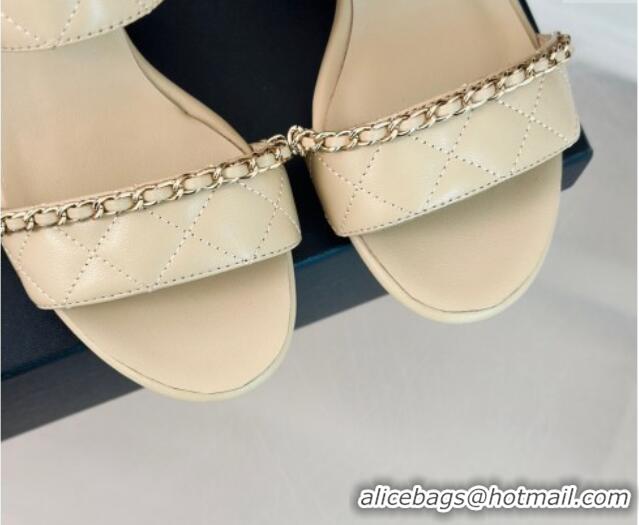 Stylish Chanel Quilted Lambskin Strap Heel Sandals 5cm with Chain Beige 423084