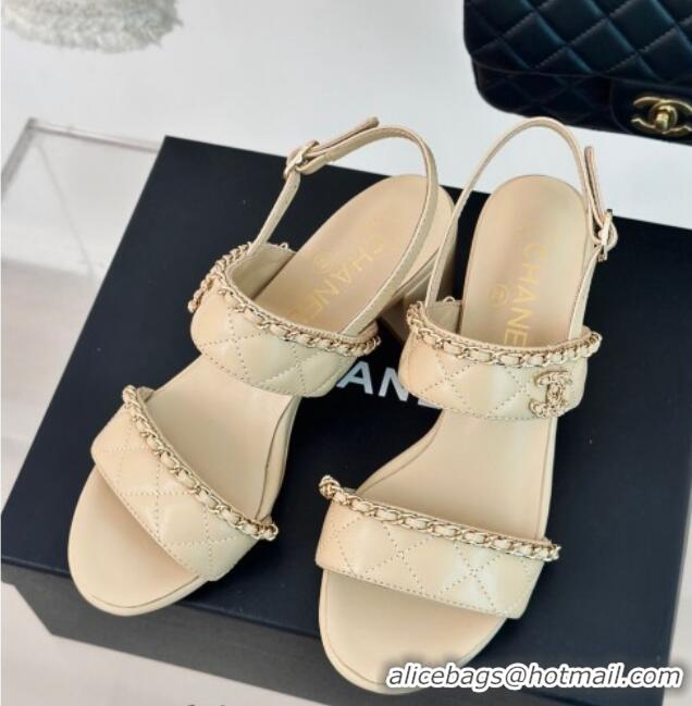 Stylish Chanel Quilted Lambskin Strap Heel Sandals 5cm with Chain Beige 423084