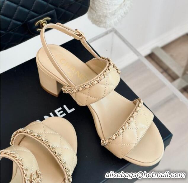 Stylish Chanel Quilted Lambskin Strap Heel Sandals 5cm with Chain Beige 423084