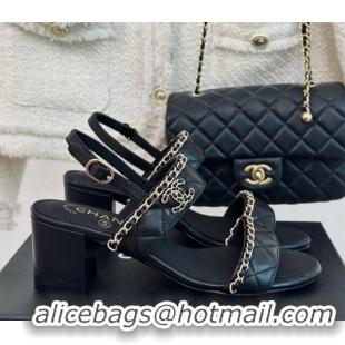 1:1 aaaaa Chanel Quilted Lambskin Strap Heel Sandals 5cm with Chain Black 0423085