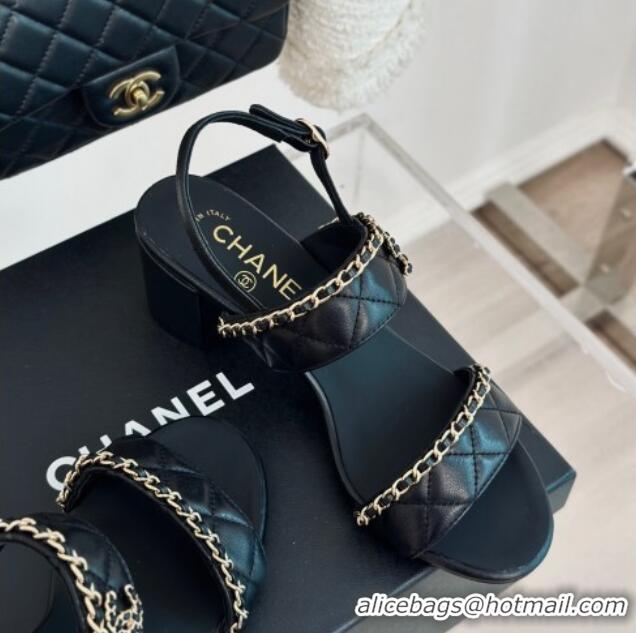 1:1 aaaaa Chanel Quilted Lambskin Strap Heel Sandals 5cm with Chain Black 0423085