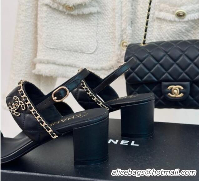 1:1 aaaaa Chanel Quilted Lambskin Strap Heel Sandals 5cm with Chain Black 0423085