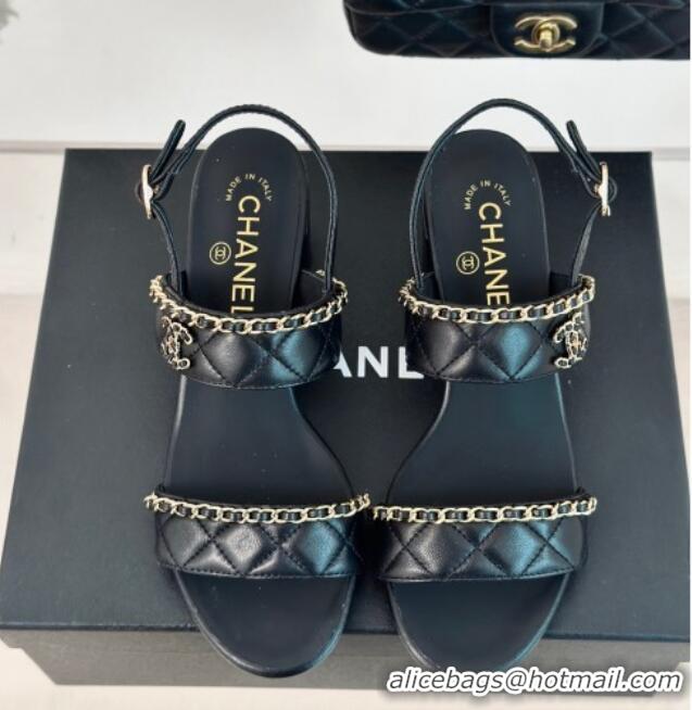 1:1 aaaaa Chanel Quilted Lambskin Strap Heel Sandals 5cm with Chain Black 0423085