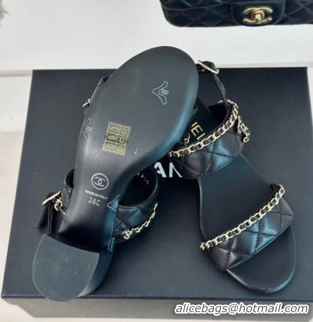 1:1 aaaaa Chanel Quilted Lambskin Strap Heel Sandals 5cm with Chain Black 0423085