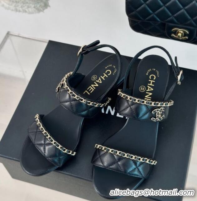 1:1 aaaaa Chanel Quilted Lambskin Strap Heel Sandals 5cm with Chain Black 0423085