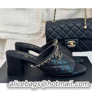 Sophisticated Chanel Quilted Lambskin Heel Slide Sandals 5cm with Chain Black 423088