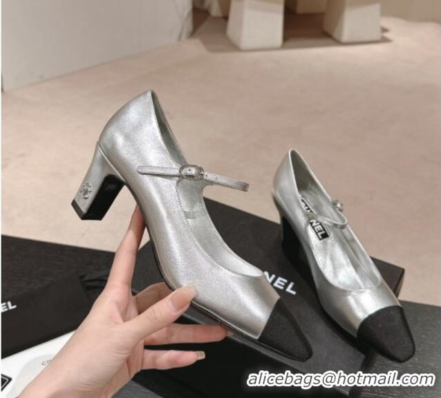 Grade Quality Chanel Lambskin & Grosgrain Mary Janes Pumps 6.5cm Silver 423089