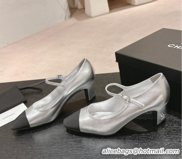 Grade Quality Chanel Lambskin & Grosgrain Mary Janes Pumps 6.5cm Silver 423089