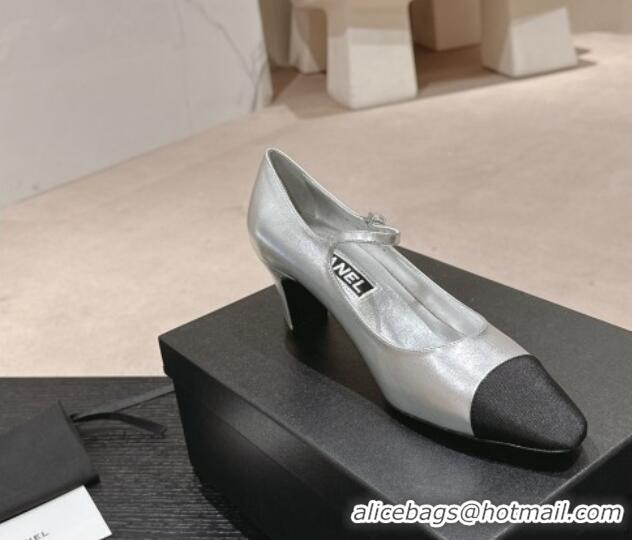 Grade Quality Chanel Lambskin & Grosgrain Mary Janes Pumps 6.5cm Silver 423089