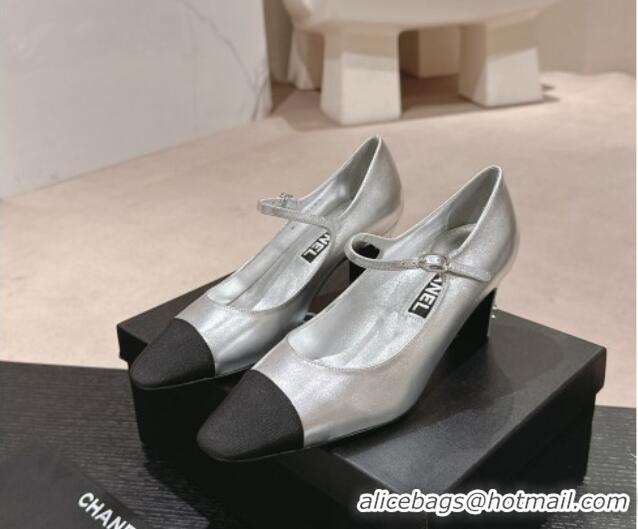 Grade Quality Chanel Lambskin & Grosgrain Mary Janes Pumps 6.5cm Silver 423089