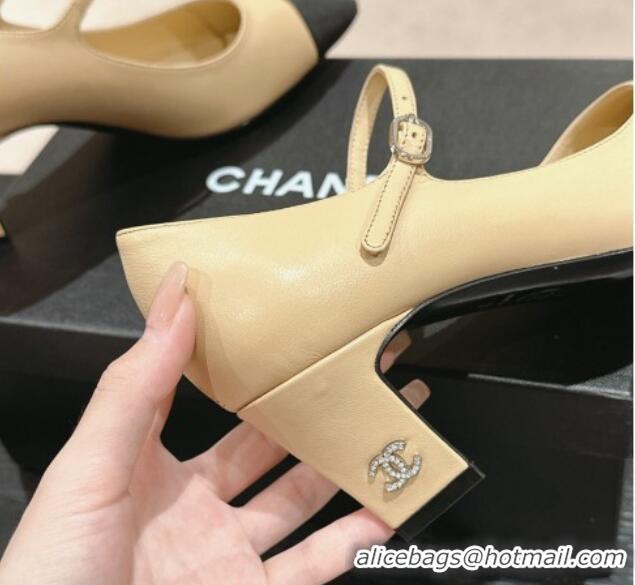 Top Grade Chanel Lambskin & Grosgrain Mary Janes Pumps 6.5cm Beige 423091