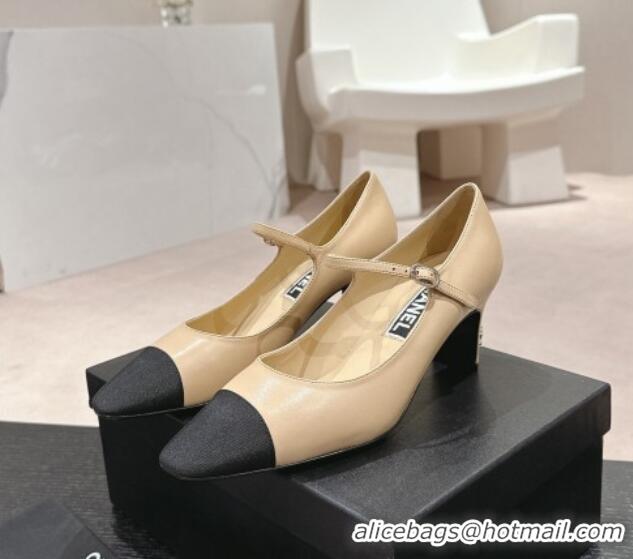 Top Grade Chanel Lambskin & Grosgrain Mary Janes Pumps 6.5cm Beige 423091