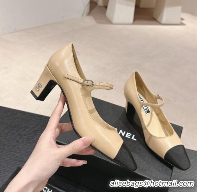 Top Grade Chanel Lambskin & Grosgrain Mary Janes Pumps 6.5cm Beige 423091