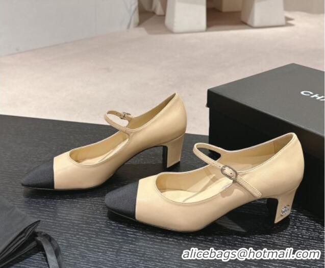 Top Grade Chanel Lambskin & Grosgrain Mary Janes Pumps 6.5cm Beige 423091