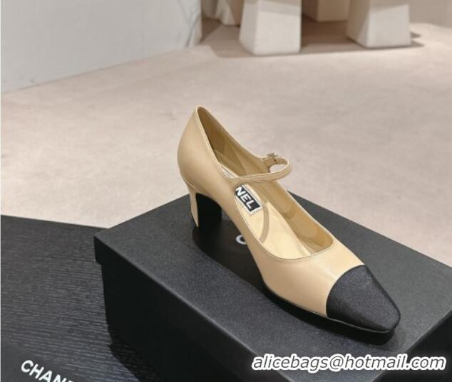 Top Grade Chanel Lambskin & Grosgrain Mary Janes Pumps 6.5cm Beige 423091