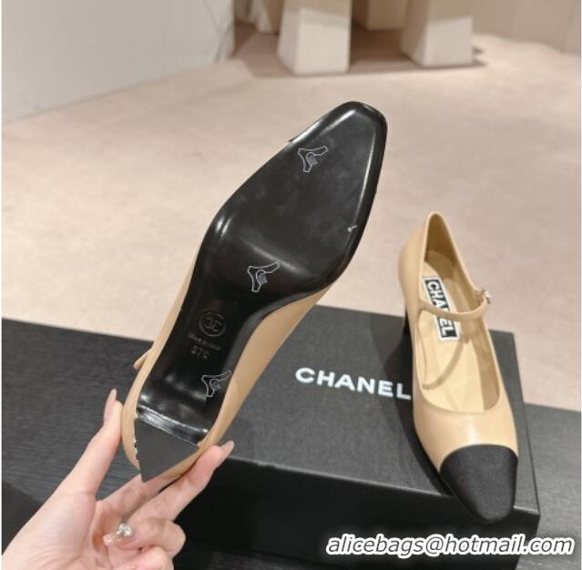 Top Grade Chanel Lambskin & Grosgrain Mary Janes Pumps 6.5cm Beige 423091