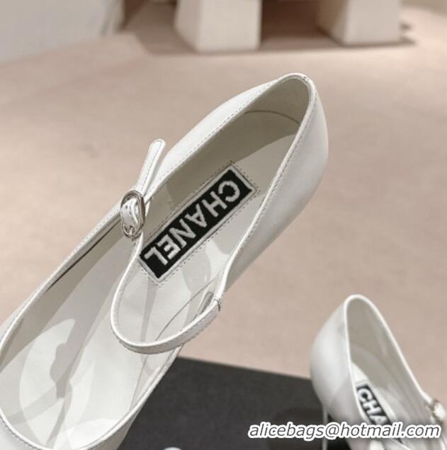 Purchase Chanel Lambskin & Grosgrain Mary Janes Pumps 6.5cm White 423092