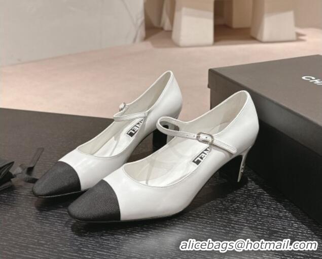 Purchase Chanel Lambskin & Grosgrain Mary Janes Pumps 6.5cm White 423092