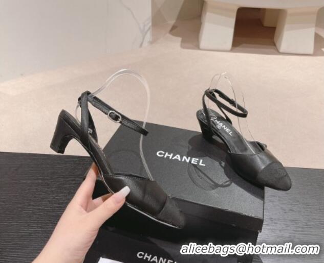 Top Design Chanel Lambskin & Grosgrain Slingbacks Pumps 5cm G45370 Black 423094