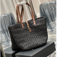 Good Product SAINT LAURENT PANIER MEDIUM BAG IN CROCHET RAFFIA AND SMOOTH LEATHER 688221 NOIR