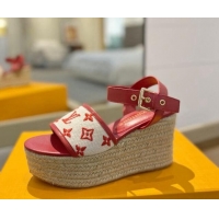 Best Price Louis Vuitton Starboard Wedge Sandals 10cm in Monogram-embroidered Cotton Red 320098