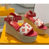 Best Price Louis Vuitton Starboard Wedge Sandals 10cm in Monogram-embroidered Cotton Red 320098